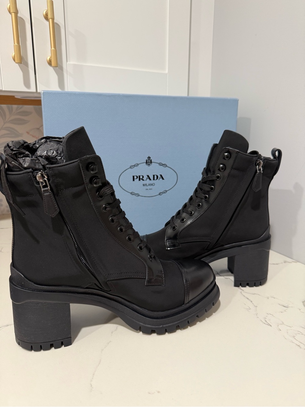 Prada brushed leather and nylon laced booties - Picture 3 of 11